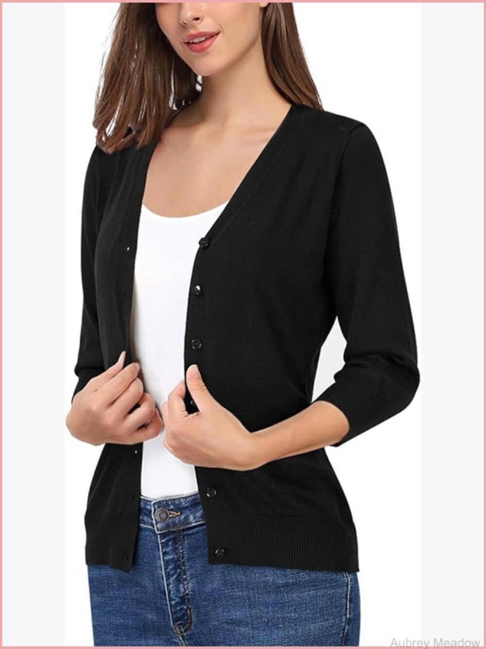 3/4 Sleeve V-Neck Lightweight Knit Cardigan Button Front Soft Sweater Tops